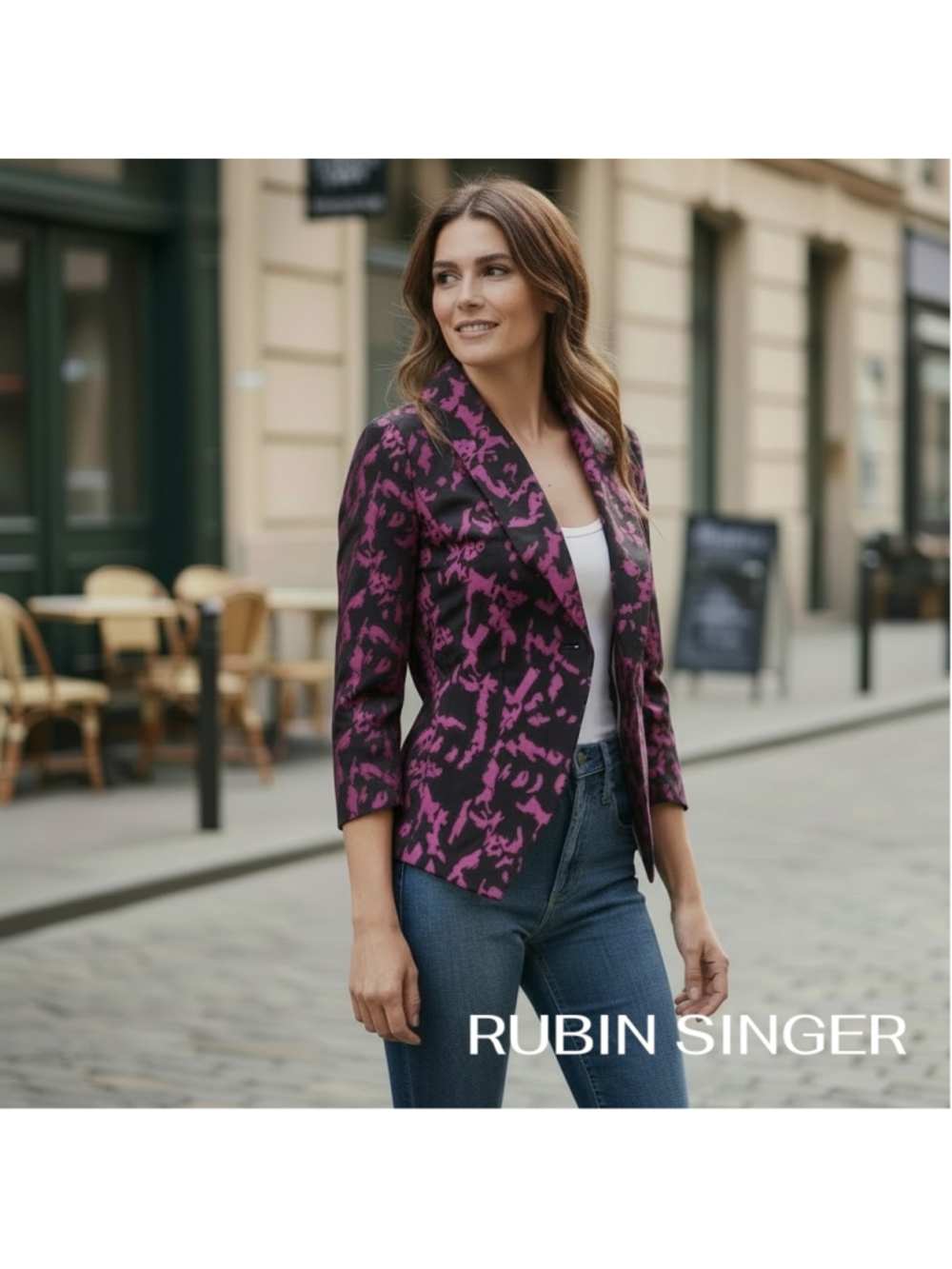 Rubin Singer Blazer Jacket Black Pink Patterned Suit Jacket small